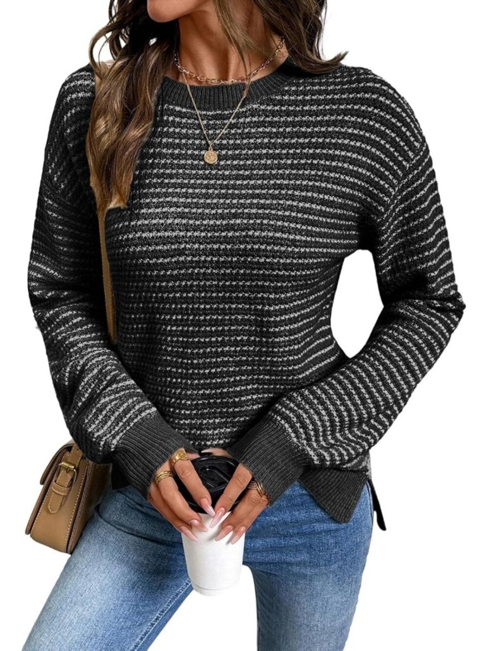 Cozy Long Sleeve Striped Pullover Sweater with Side Split - Perfect for Fall!
